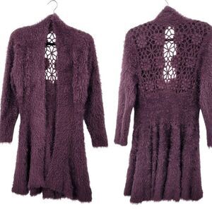 Eyelash Purple Crochet Tunic Cardigan Coatigan M Chic A-line Open Floral Back